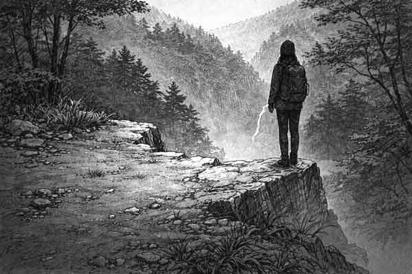 崖の先に立つ女性